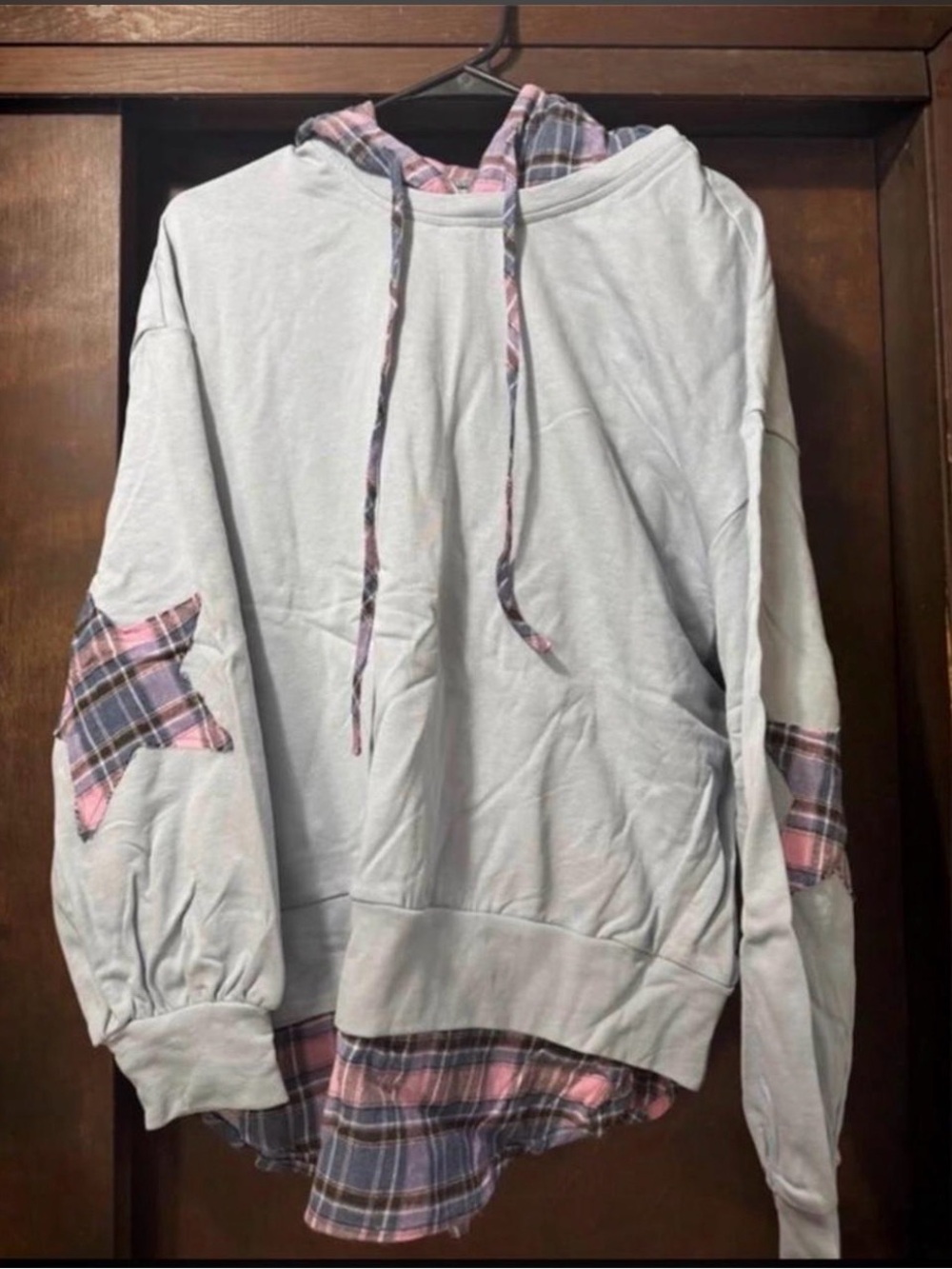 Fantastic Fawn Light Blue Crewneck Hoodie with Pink & Blue Plaid Trim